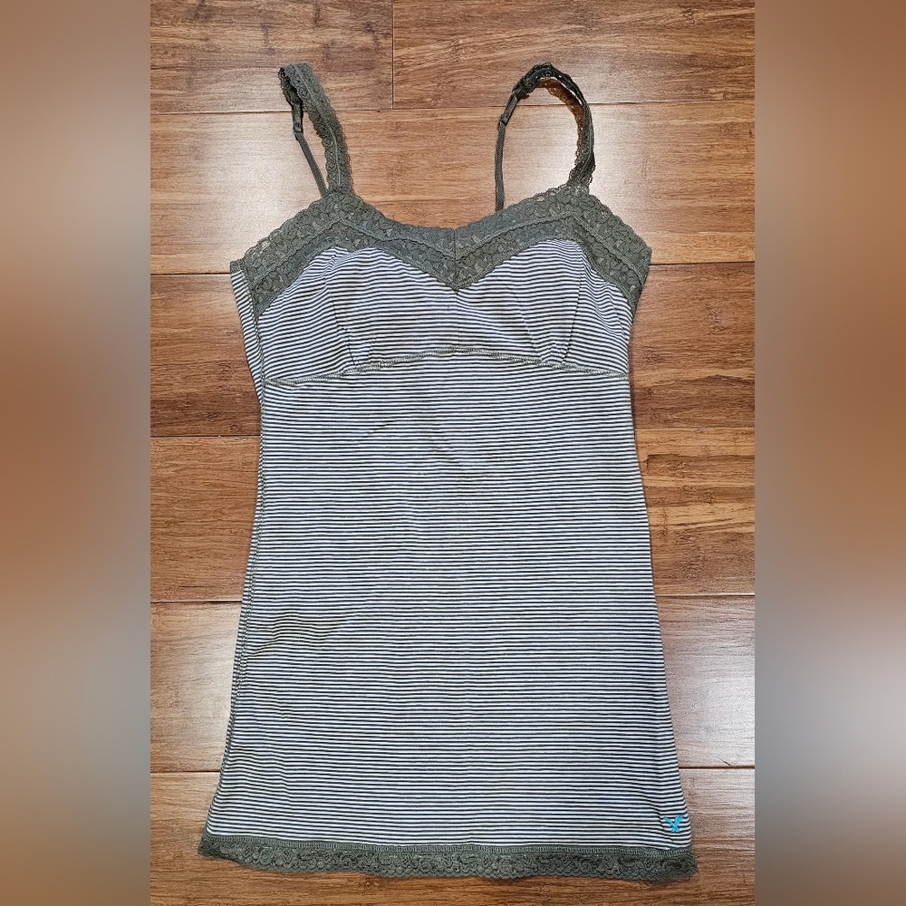 American Eagle Outfitters Kaki Green Striped Camisole with Lace